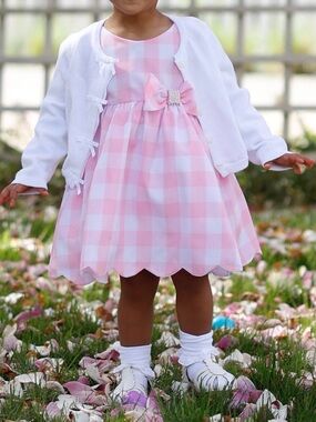 Rare Editions Pink and White Gingham Dress with Pearl Bow